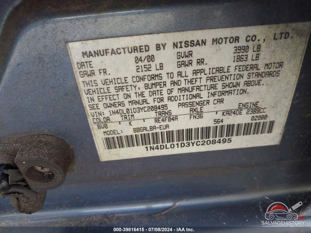 1N4DL01D3YC208495 2000 NISSAN ALTIMA photo no. 9
