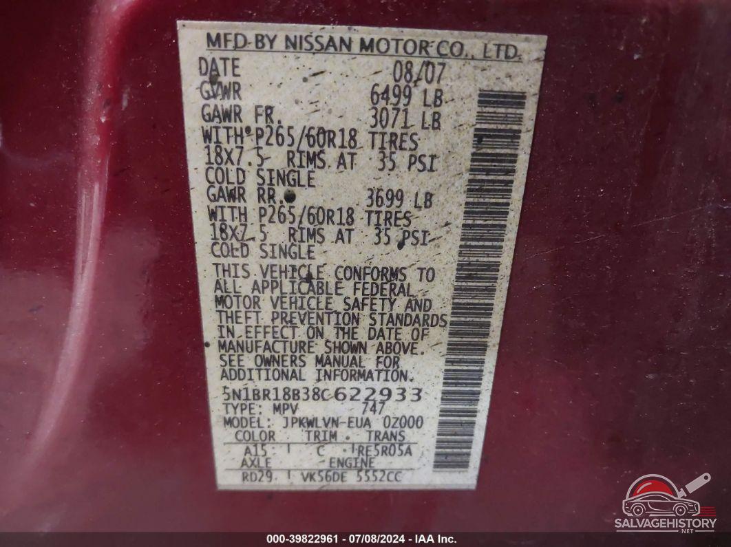 5N1BR18B38C622933 2008 NISSAN PATHFINDER photo no. 9