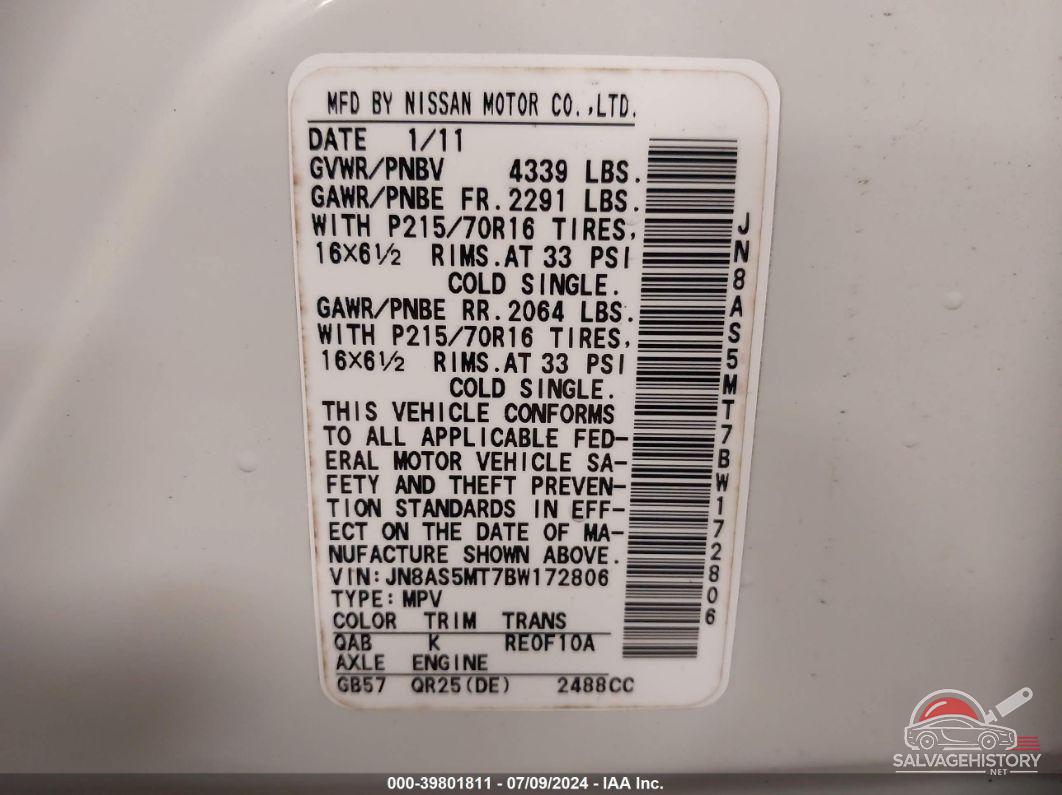 JN8AS5MT7BW172806 2011 NISSAN ROGUE photo no. 9