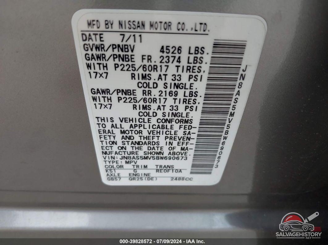JN8AS5MV5BW690673 2011 NISSAN ROGUE photo no. 9