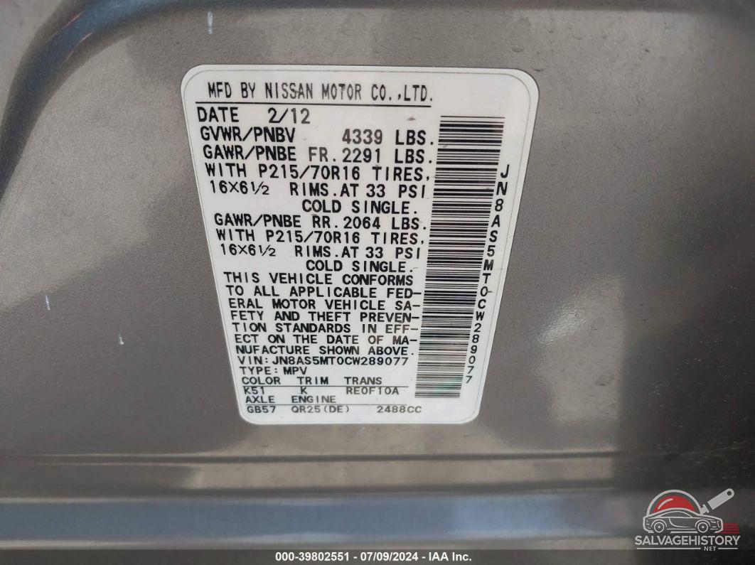 JN8AS5MT0CW289077 2012 NISSAN ROGUE photo no. 9