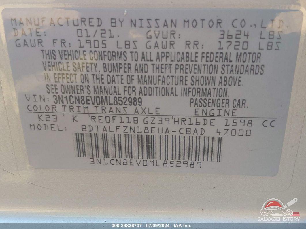 3N1CN8EV0ML852989 2021 NISSAN VERSA photo no. 9