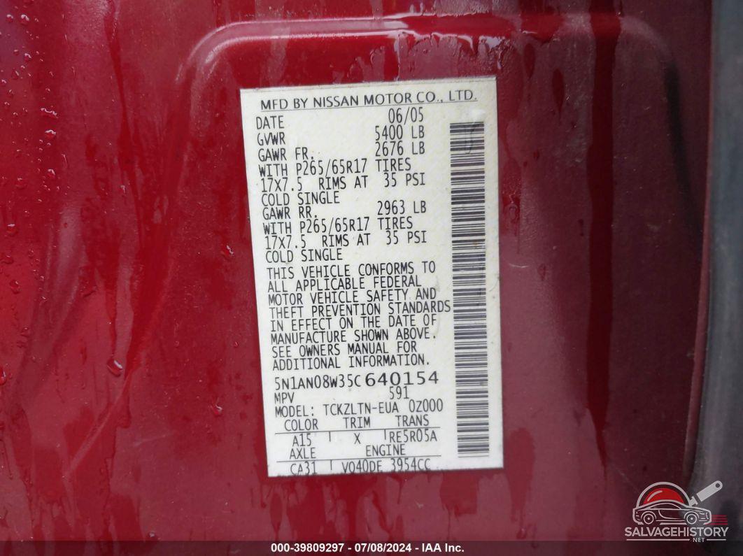 5N1AN08W35C640154 2005 NISSAN XTERRA photo no. 9