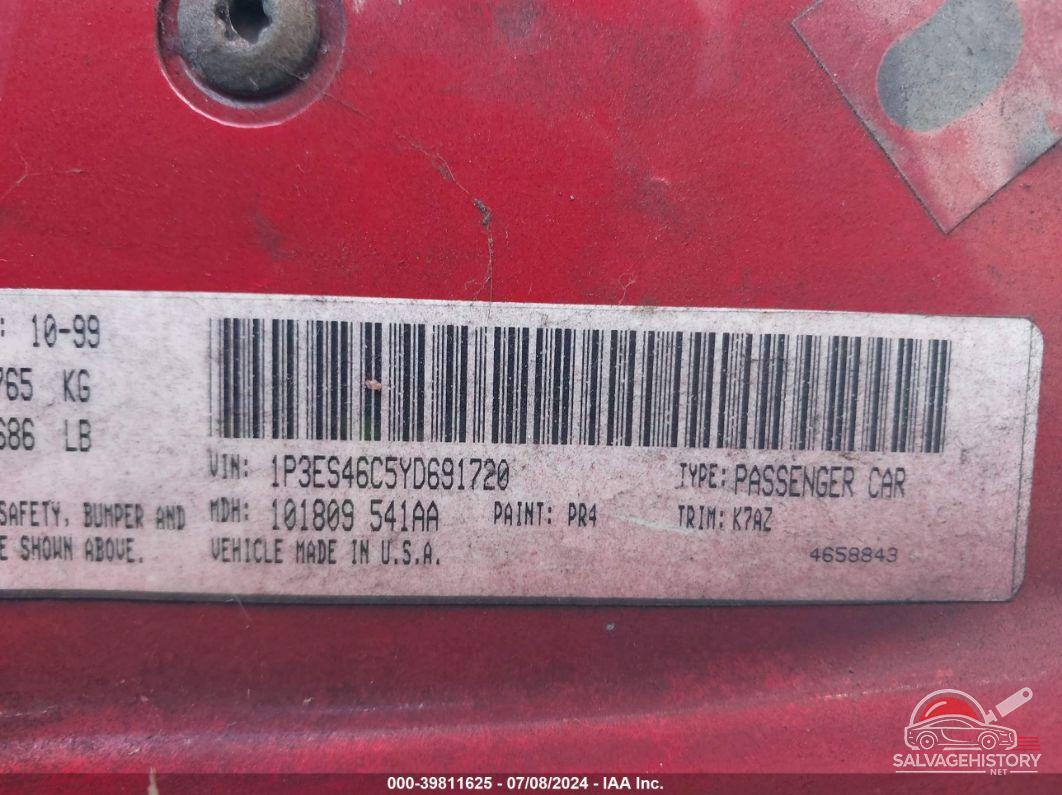 1P3ES46C5YD691720 2000 PLYMOUTH NEON photo no. 9