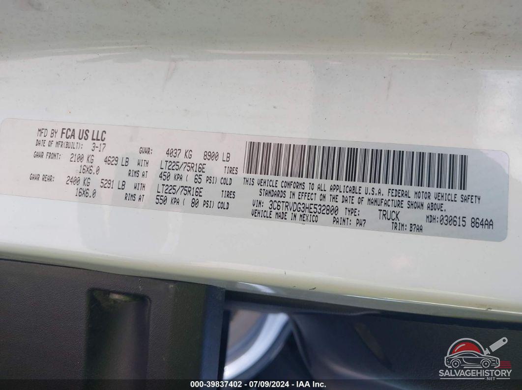 3C6TRVDG3HE532800 2017 RAM PROMASTER 2500 photo no. 9