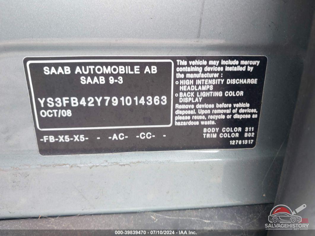 YS3FB42Y791014363 2009 SAAB 9-3 photo no. 9