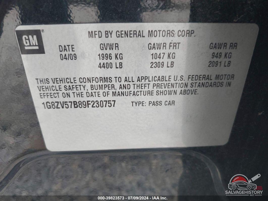 1G8ZV57B89F230757 2009 SATURN AURA photo no. 9