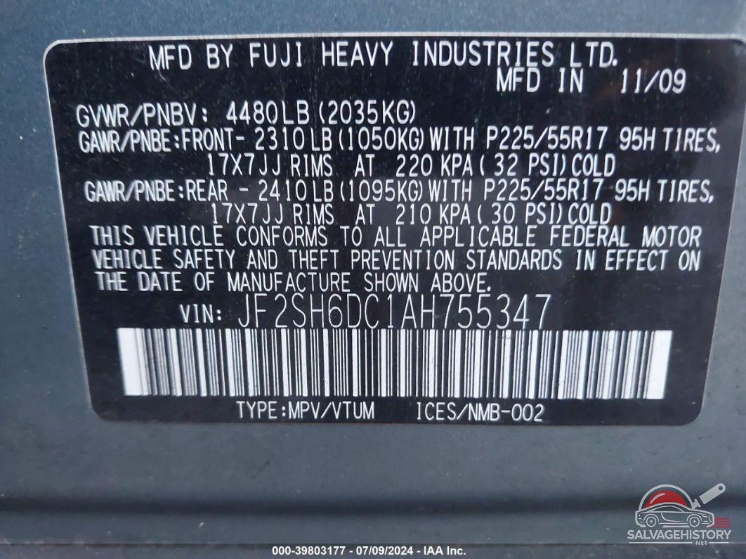 JF2SH6DC1AH755347 2010 SUBARU FORESTER photo no. 9