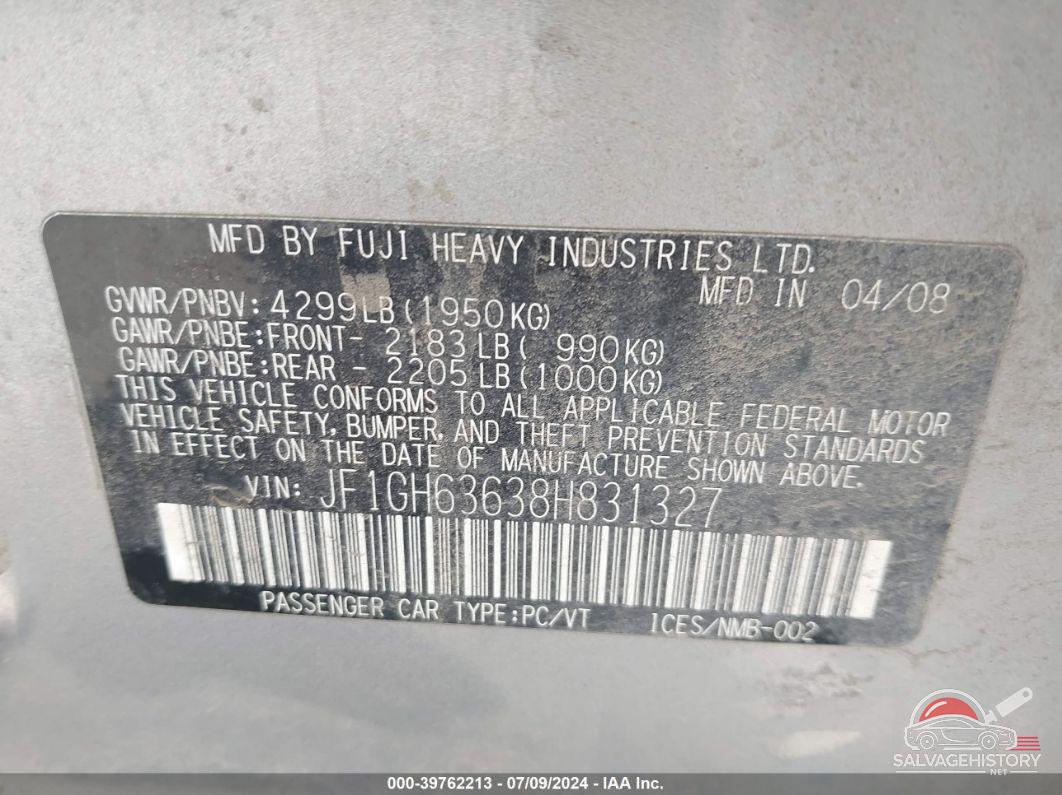 JF1GH63638H831327 2008 SUBARU IMPREZA OUTBACK SPORT photo no. 9