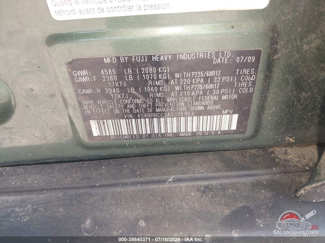 4S4BRBCC3A3315953 2010 SUBARU OUTBACK photo no. 9