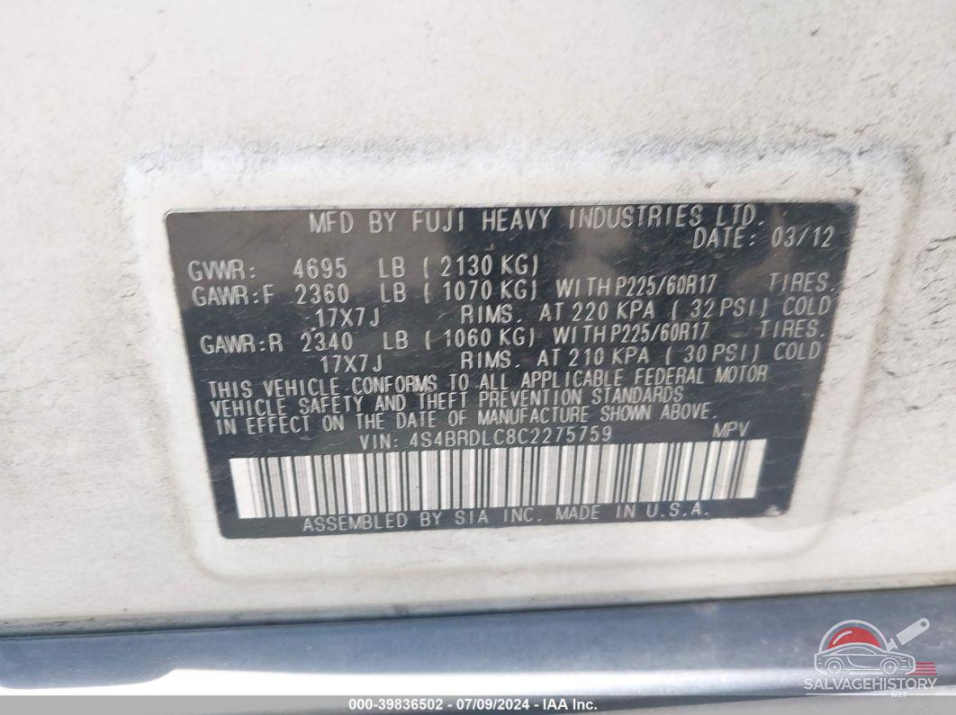 4S4BRDLC8C2275759 2012 SUBARU OUTBACK photo no. 9