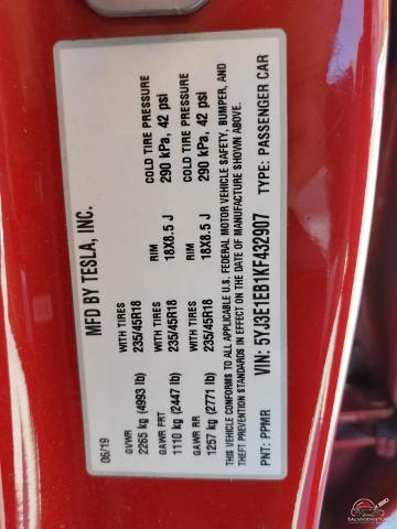 5YJ3E1EB1KF432907 2019 TESLA MODEL 3 photo no. 12