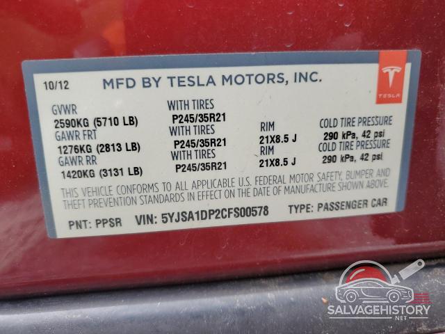 5YJSA1DP2CFS00578 2012 TESLA MODEL S photo no. 12