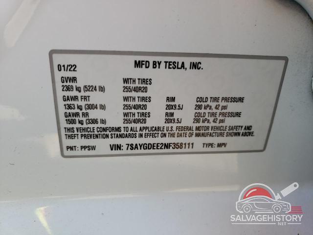 7SAYGDEE2NF358111 2022 TESLA MODEL Y photo no. 13