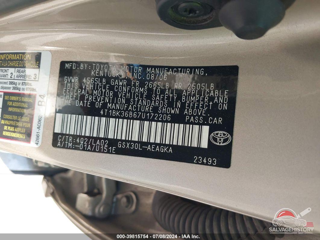 4T1BK36B67U172206 2007 TOYOTA AVALON photo no. 9