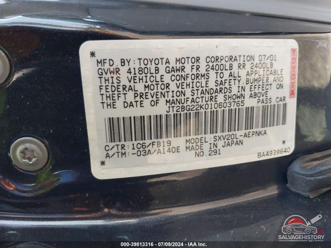 JT2BG22K010603765 2001 TOYOTA CAMRY photo no. 9
