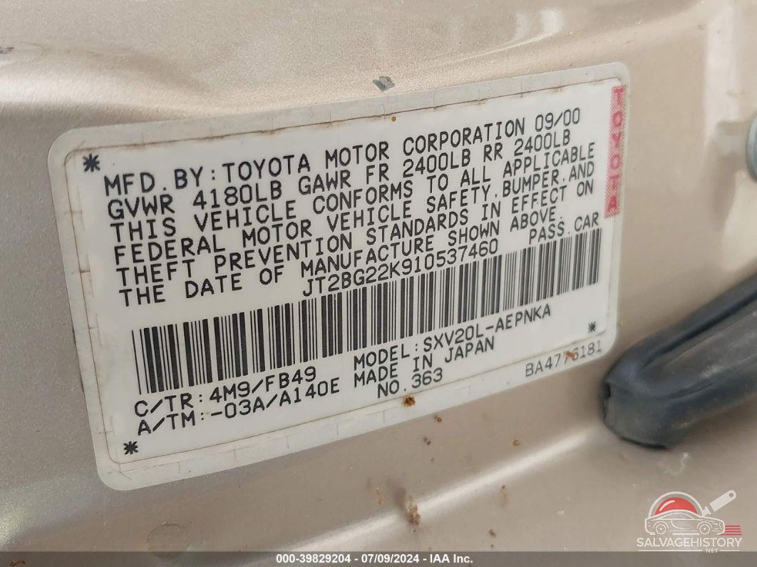 JT2BG22K910537460 2001 TOYOTA CAMRY photo no. 9
