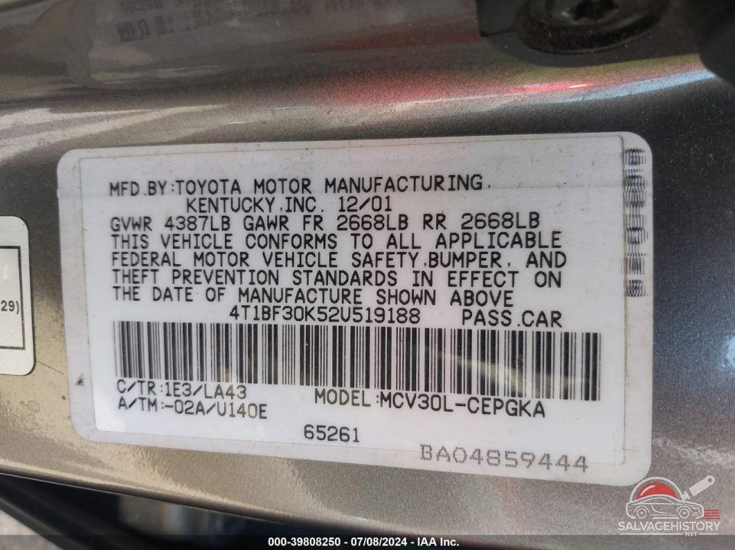 4T1BF30K52U519188 2002 TOYOTA CAMRY photo no. 9