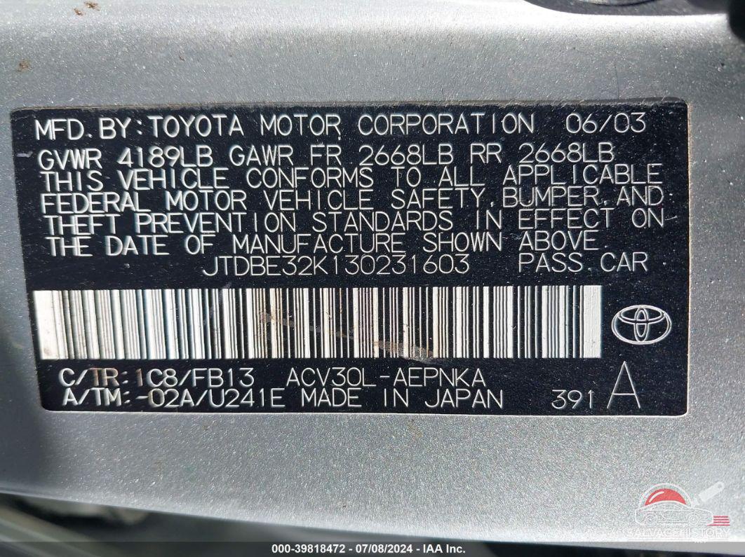 JTDBE32K130231603 2003 TOYOTA CAMRY photo no. 9