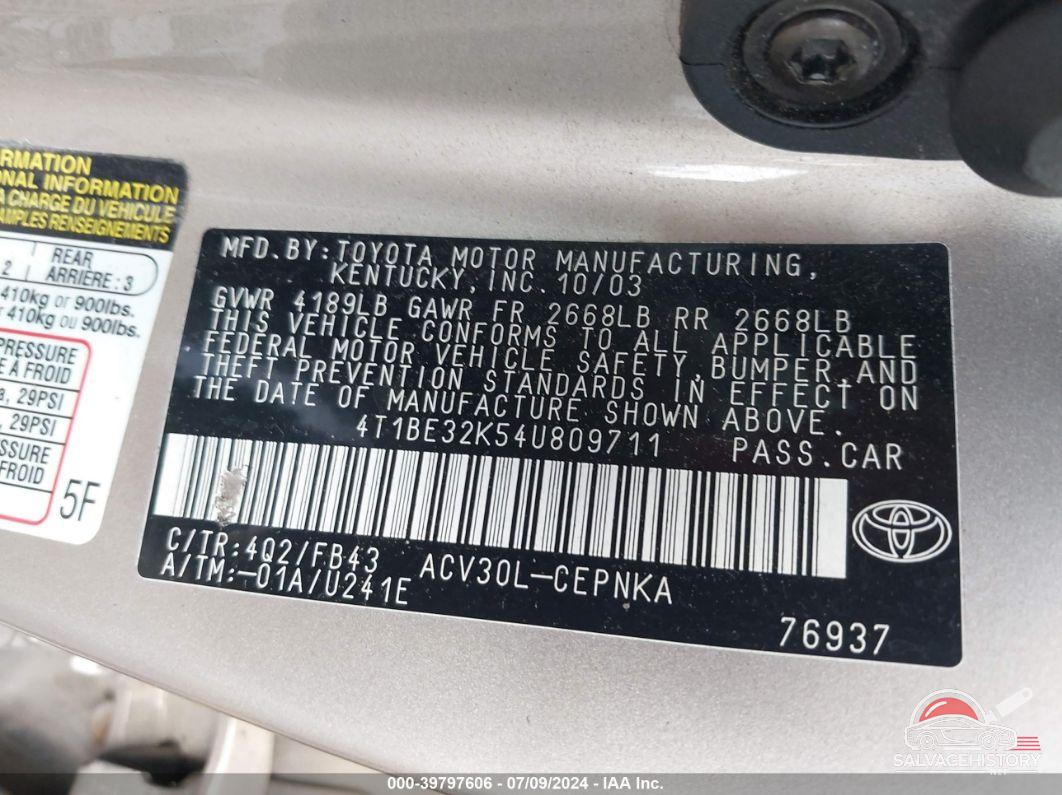 4T1BE32K54U809711 2004 TOYOTA CAMRY photo no. 9
