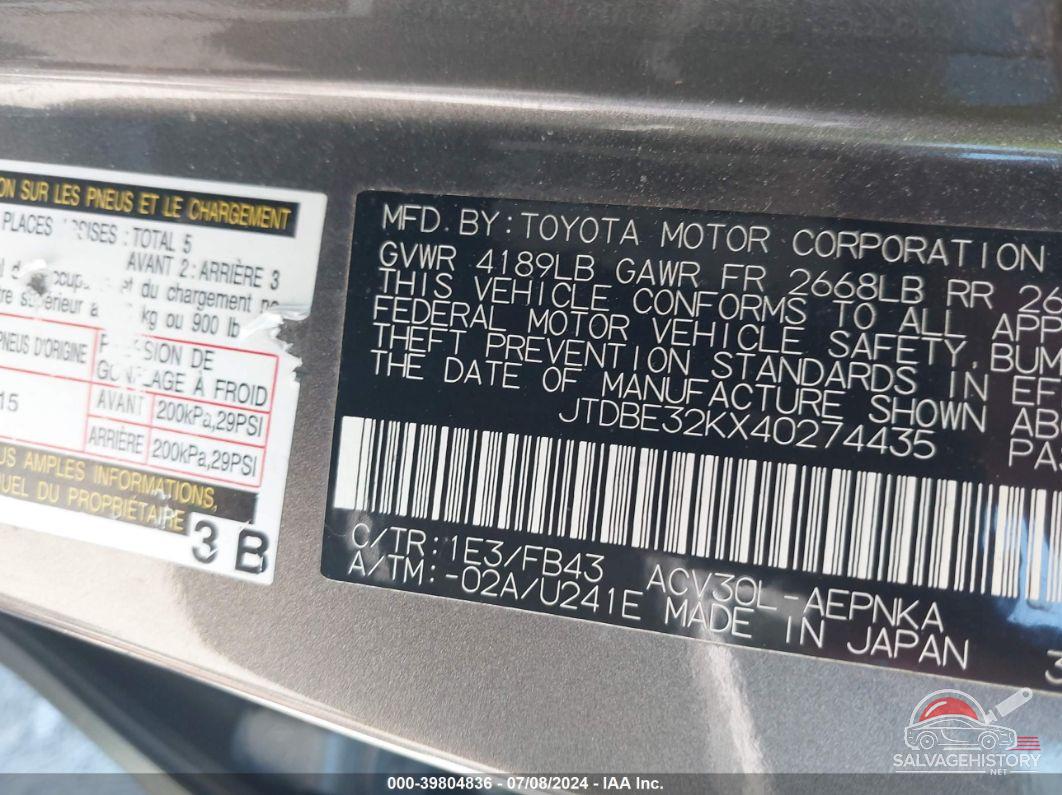 JTDBE32KX40274435 2004 TOYOTA CAMRY photo no. 9