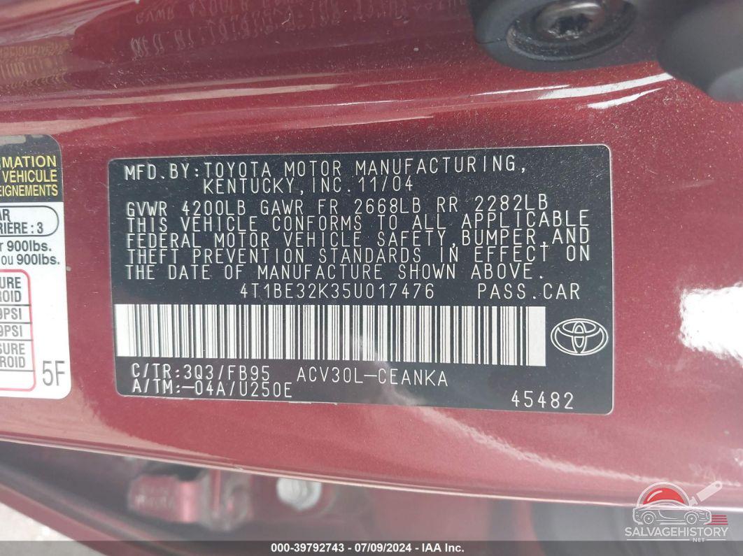 4T1BE32K35U017476 2005 TOYOTA CAMRY photo no. 9