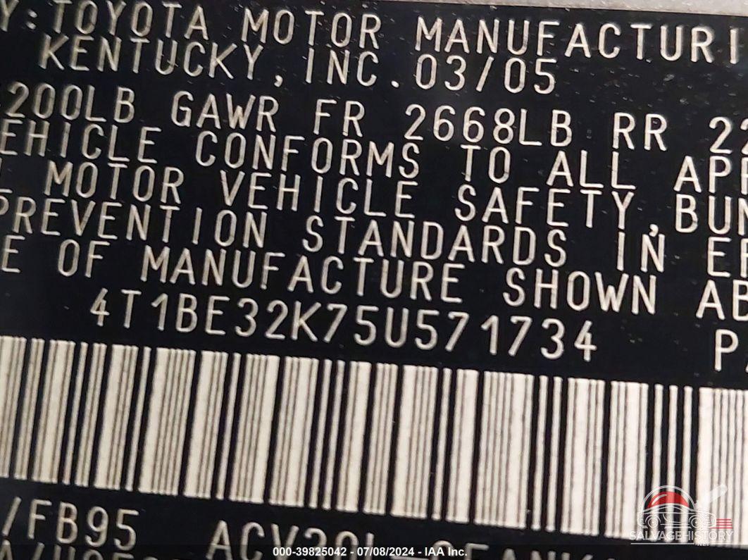 4T1BE32K75U571734 2005 TOYOTA CAMRY photo no. 9