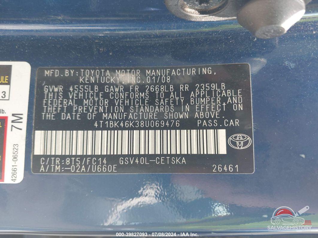 4T1BK46K38U069476 2008 TOYOTA CAMRY photo no. 9