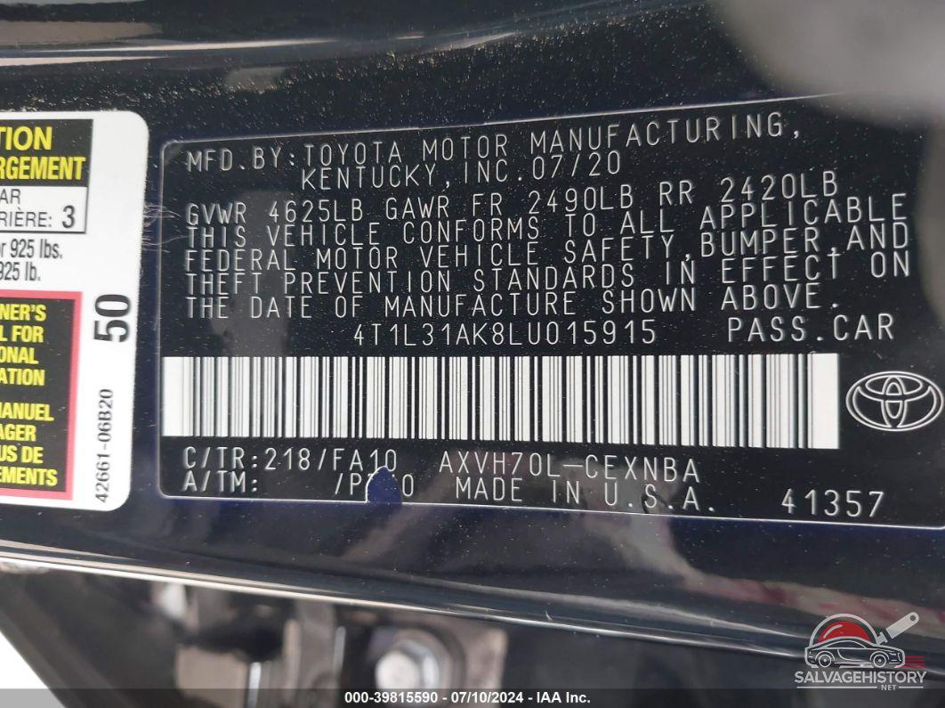 4T1L31AK8LU015915 2020 TOYOTA CAMRY photo no. 9