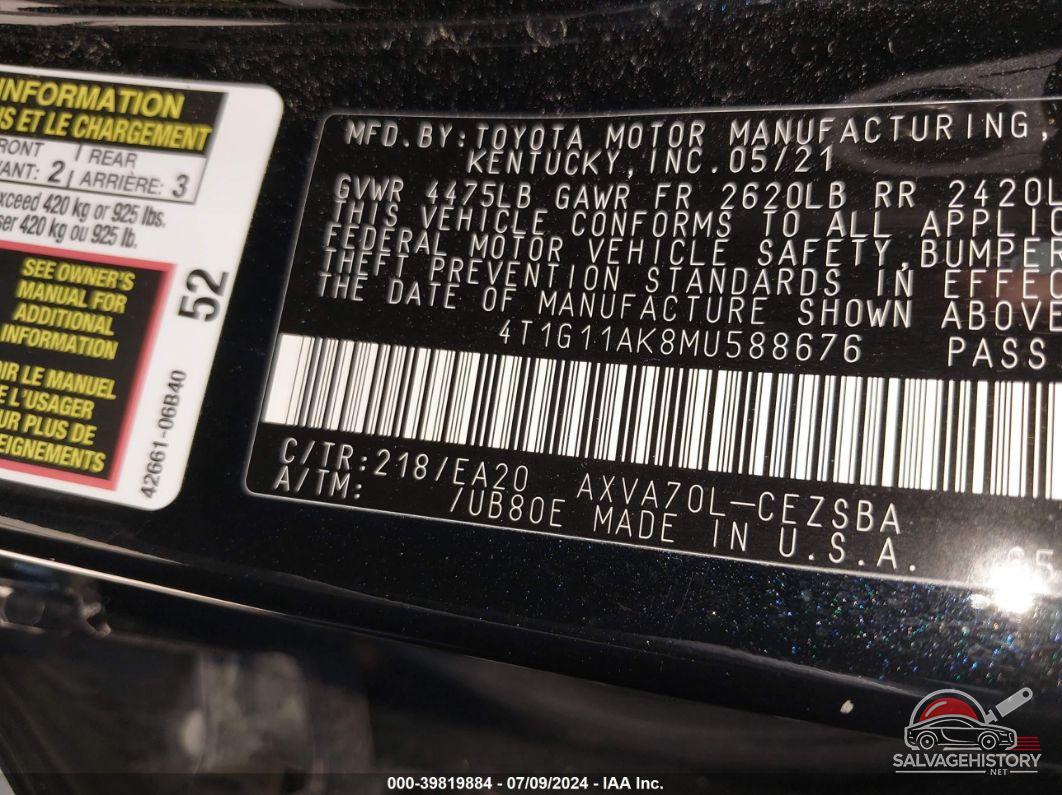 4T1G11AK8MU588676 2021 TOYOTA CAMRY photo no. 9