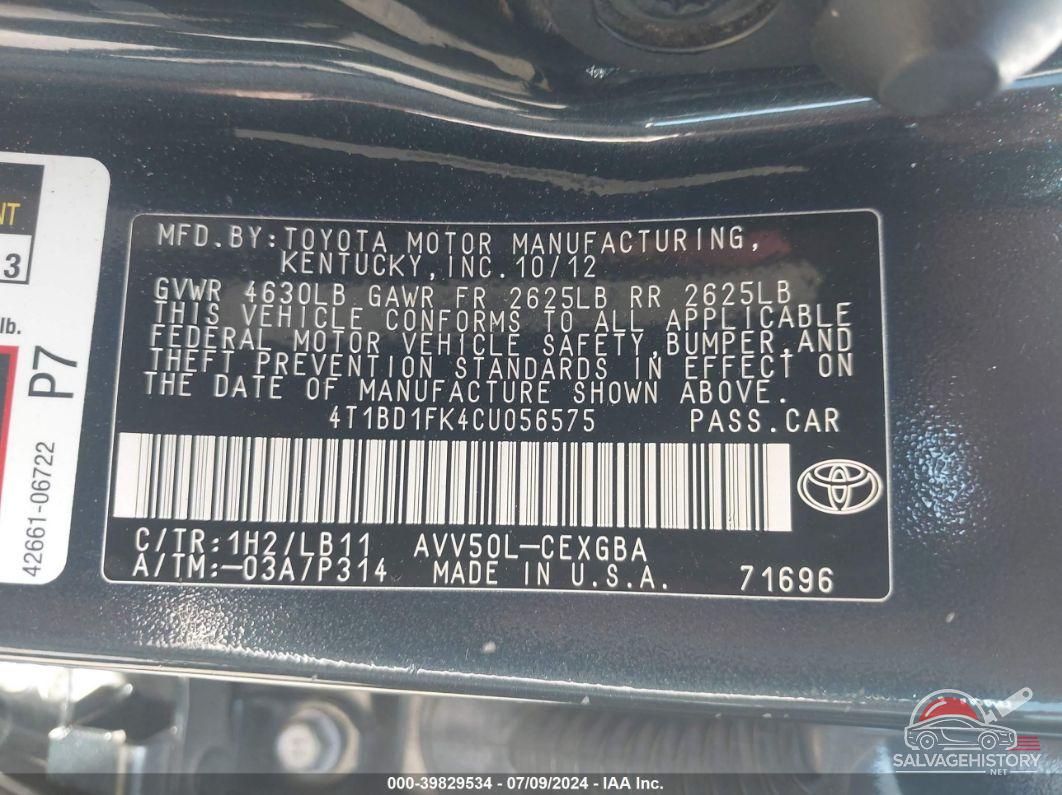 4T1BD1FK4CU056575 2012 TOYOTA CAMRY HYBRID photo no. 9