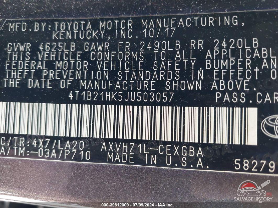 4T1B21HK5JU503057 2018 TOYOTA CAMRY HYBRID photo no. 9