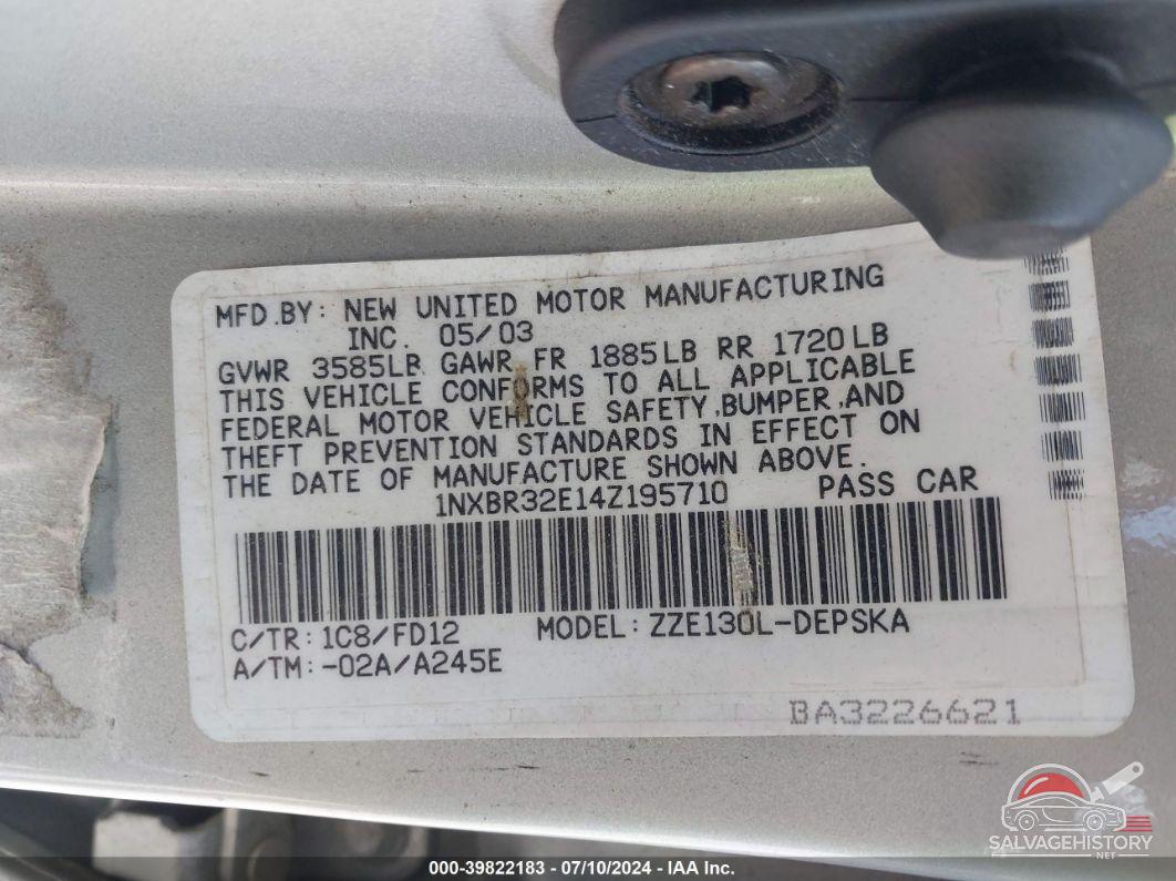 1NXBR32E14Z195710 2004 TOYOTA COROLLA photo no. 9
