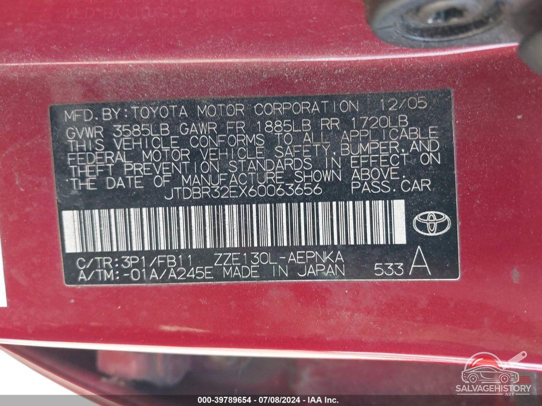 JTDBR32EX60063656 2006 TOYOTA COROLLA photo no. 9