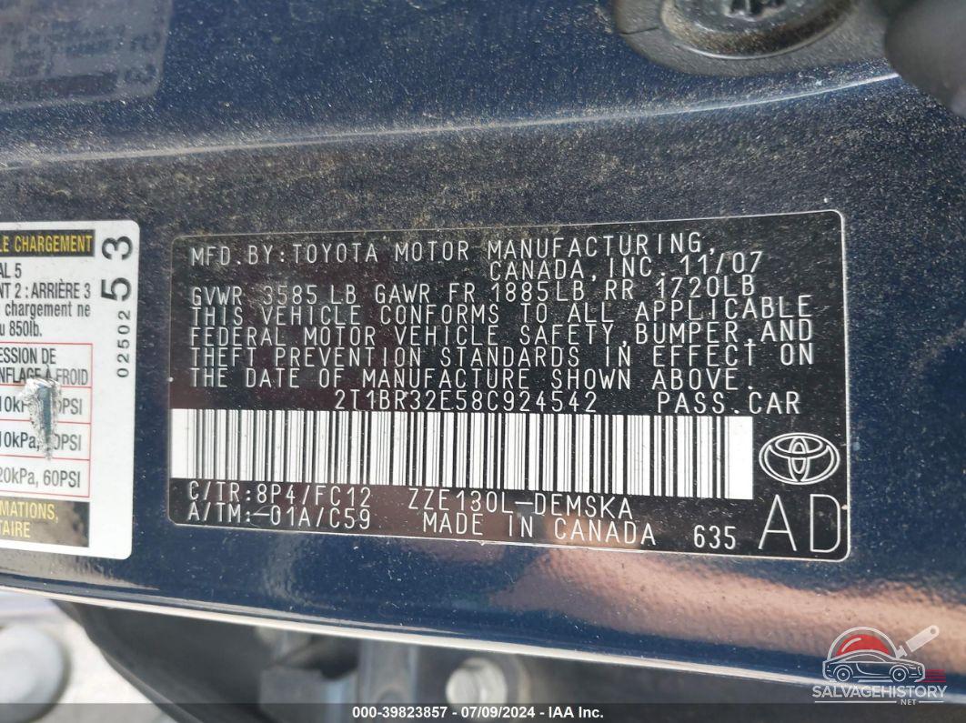 2T1BR32E58C924542 2008 TOYOTA COROLLA photo no. 9