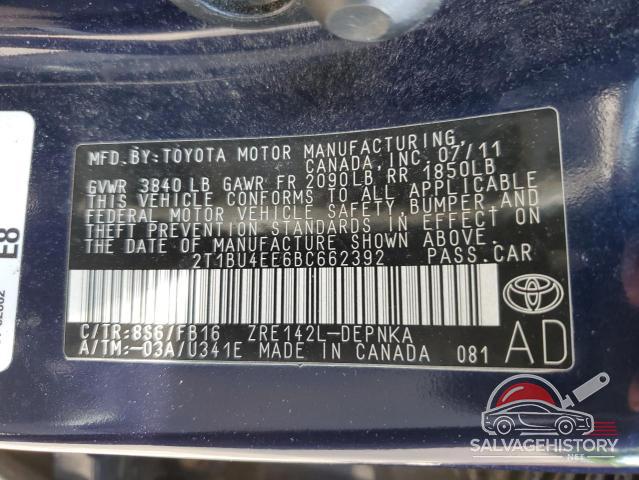 2T1BU4EE6BC662392 2011 TOYOTA COROLLA photo no. 12