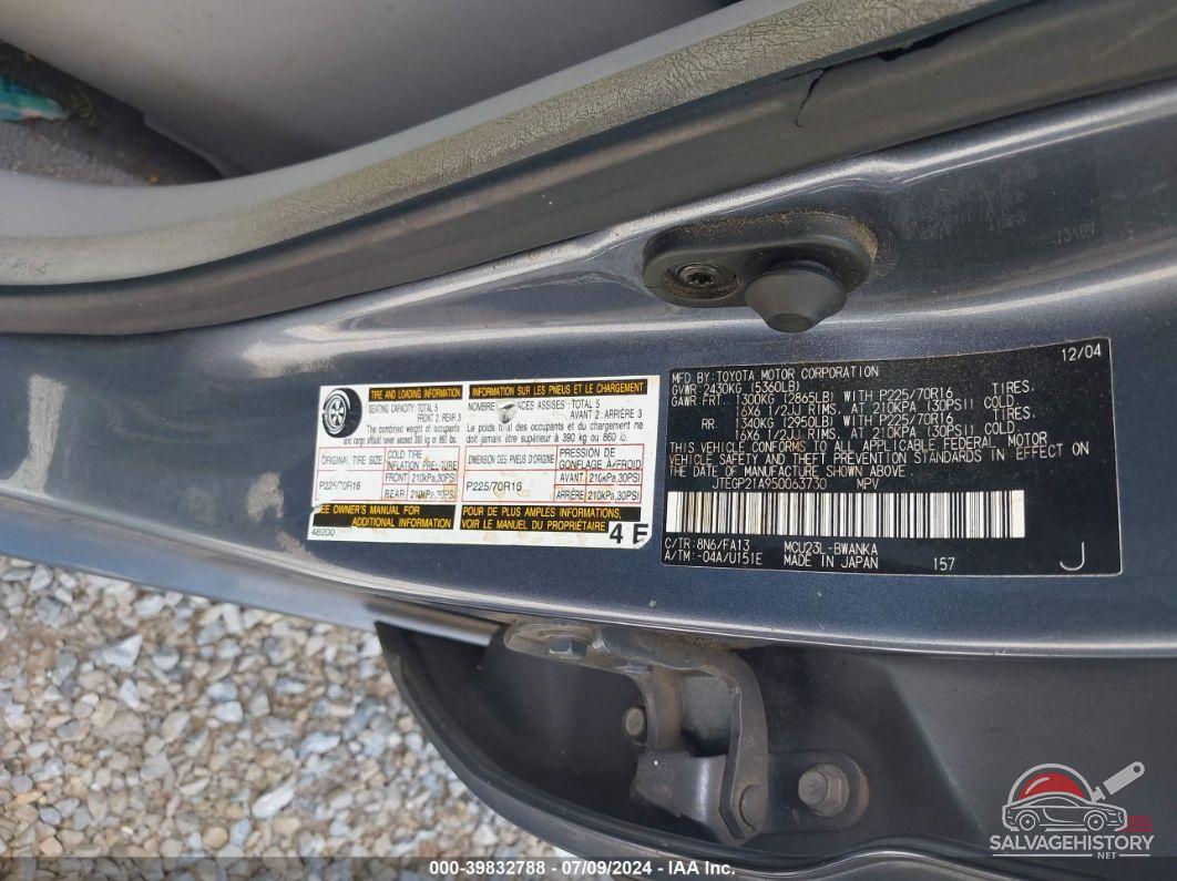 JTEGP21A950063730 2005 TOYOTA HIGHLANDER photo no. 9