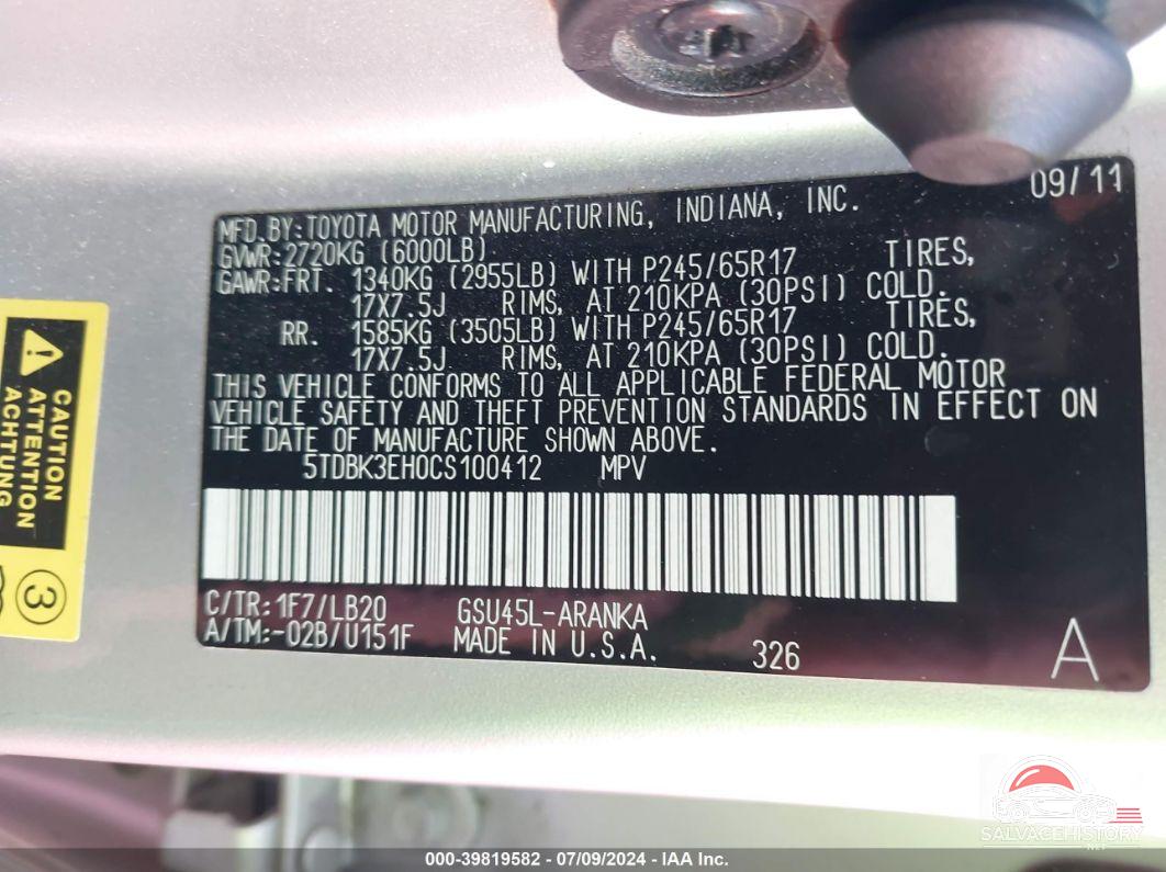 5TDBK3EH0CS100412 2012 TOYOTA HIGHLANDER photo no. 9