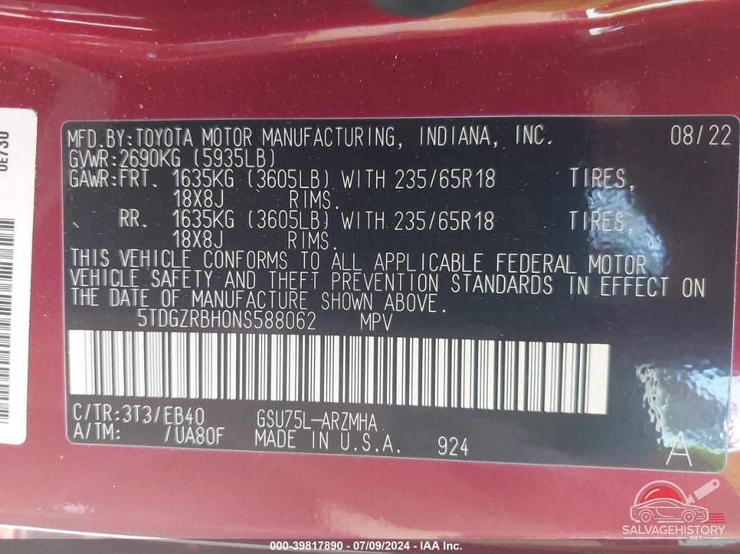 5TDGZRBH0NS588062 2022 TOYOTA HIGHLANDER photo no. 9