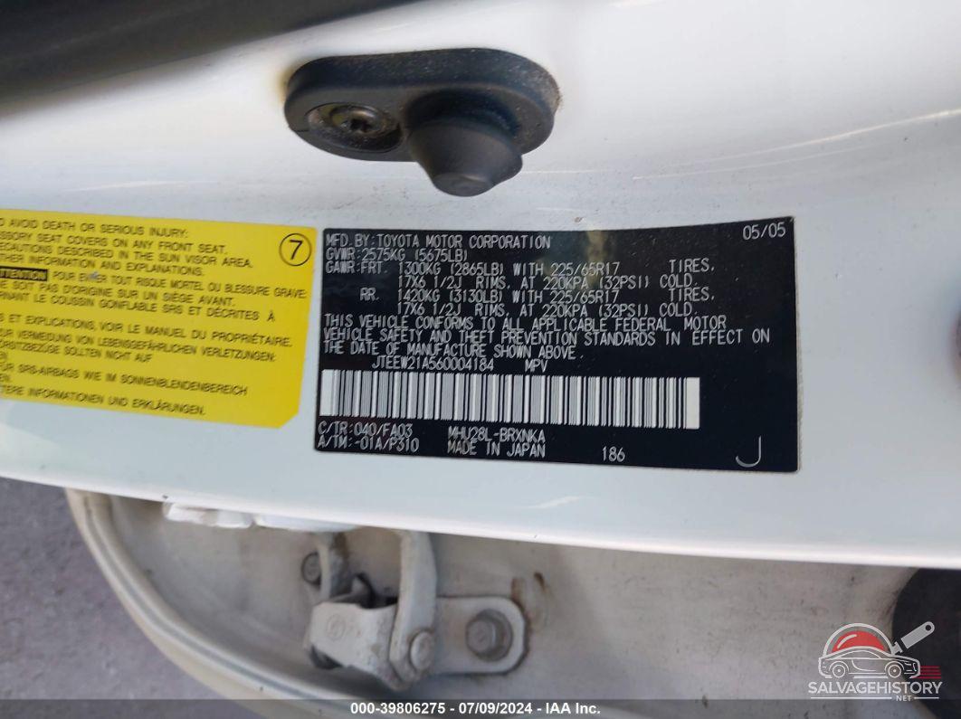 JTEEW21A560004184 2006 TOYOTA HIGHLANDER HYBRID photo no. 9