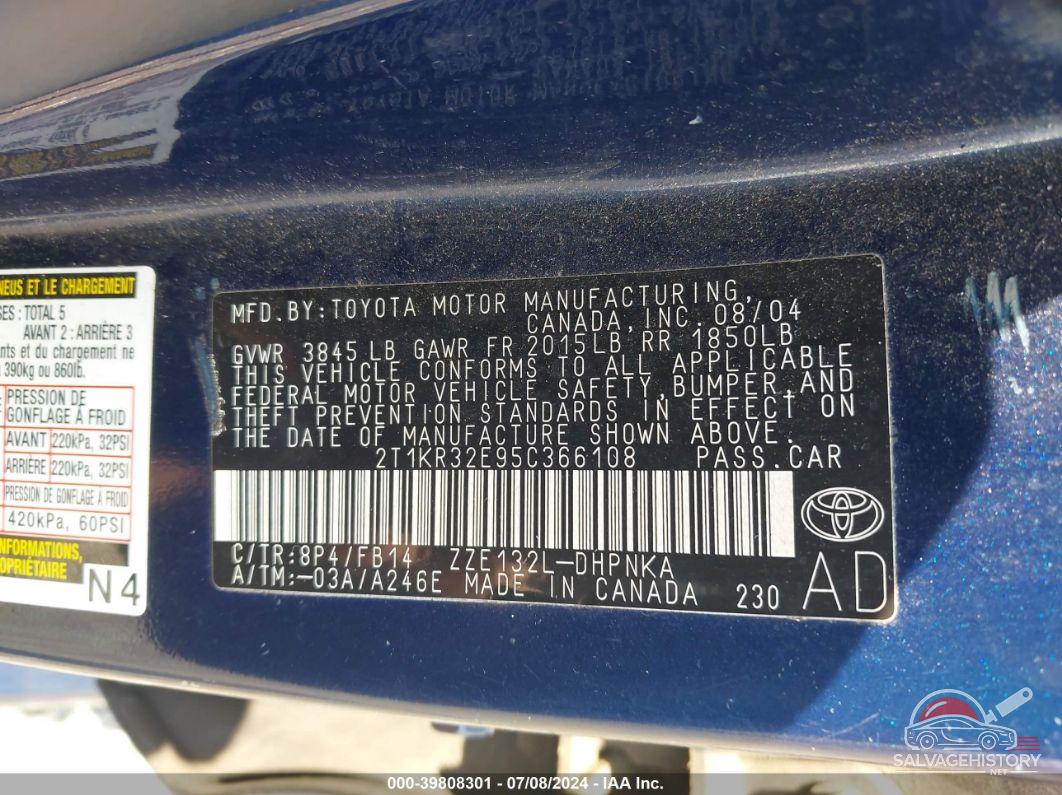 2T1KR32E95C366108 2005 TOYOTA MATRIX photo no. 9