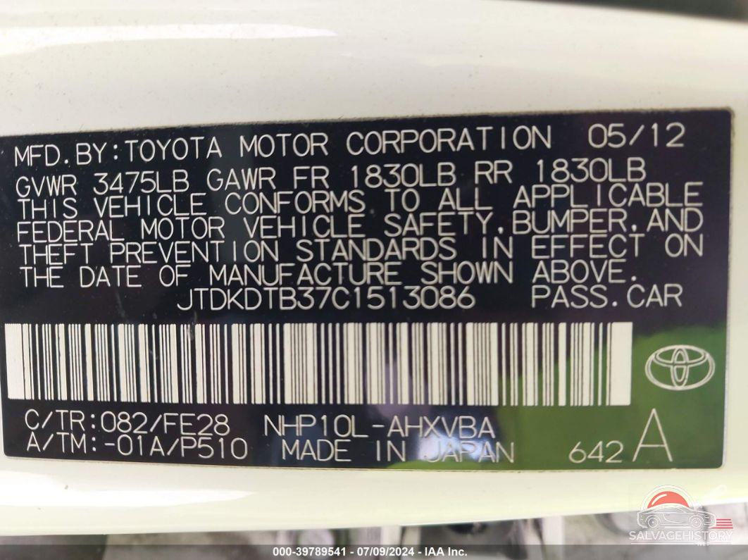 JTDKDTB37C1513086 2012 TOYOTA PRIUS C photo no. 9