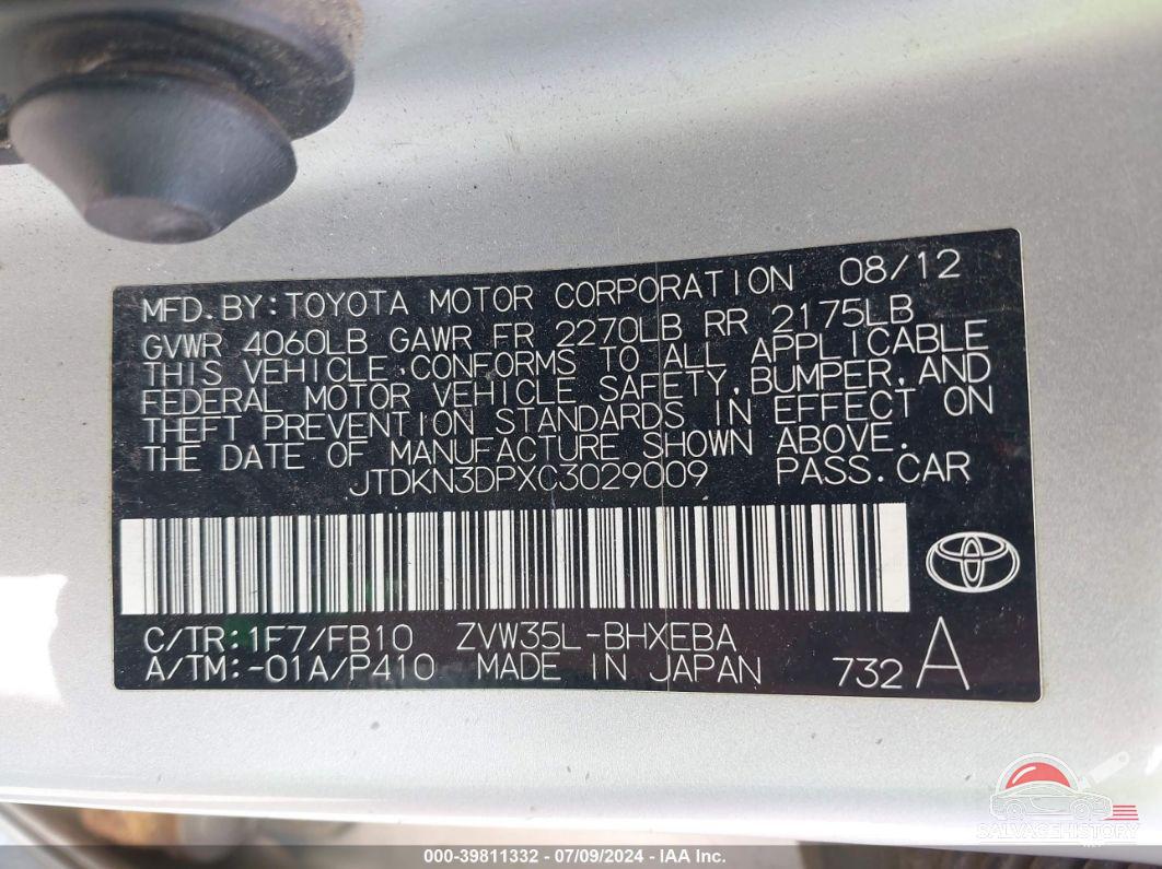 JTDKN3DPXC3029009 2012 TOYOTA PRIUS PLUG-IN photo no. 9