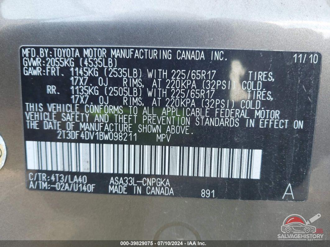 2T3DF4DV1BW098211 2011 TOYOTA RAV4 photo no. 9
