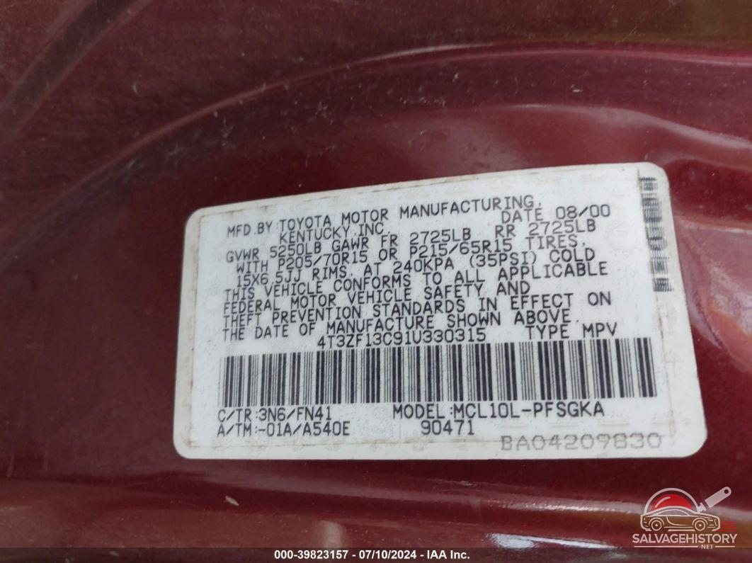 4T3ZF13C91U330315 2001 TOYOTA SIENNA photo no. 9