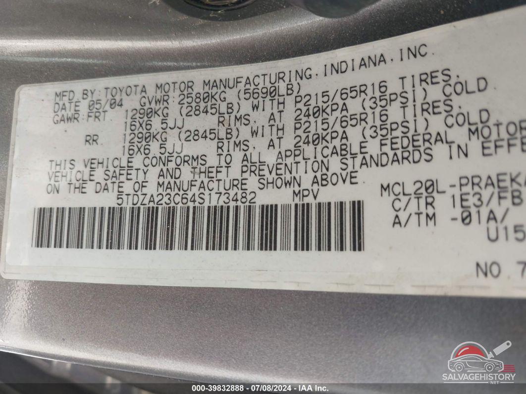 5TDZA23C64S173482 2004 TOYOTA SIENNA photo no. 9