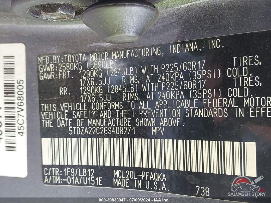 5TDZA22C26S408271 2006 TOYOTA SIENNA photo no. 9