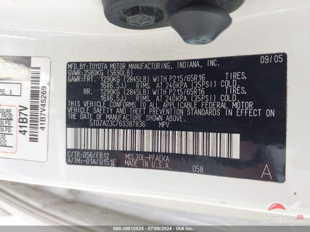 5TDZA23C76S387836 2006 TOYOTA SIENNA photo no. 9
