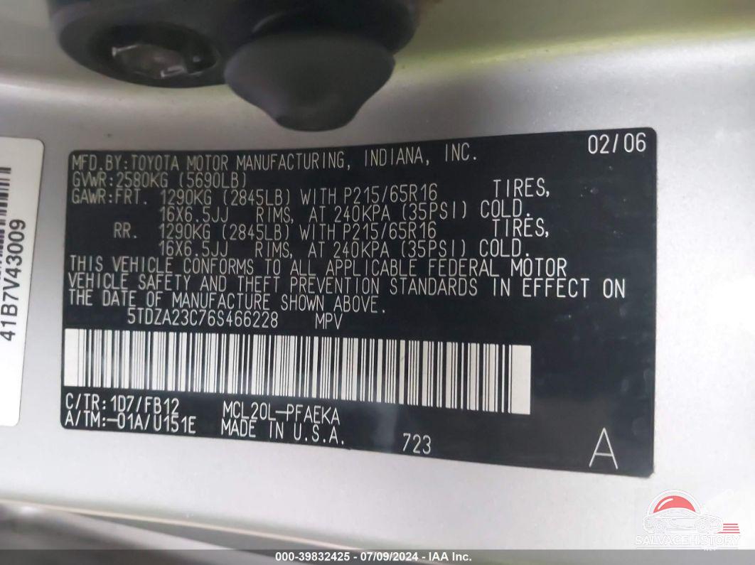 5TDZA23C76S466228 2006 TOYOTA SIENNA photo no. 9
