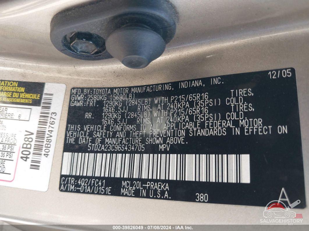 5TDZA23C96S434705 2006 TOYOTA SIENNA photo no. 9